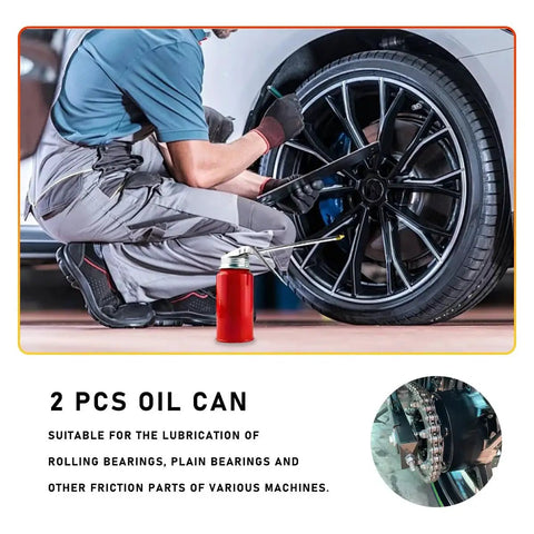 Mechanic applying Two Pack Oil Pump Oiler 200ml Metal Spray Can With 4.92 Inch Spout for precise lubrication on car wheel bearing.