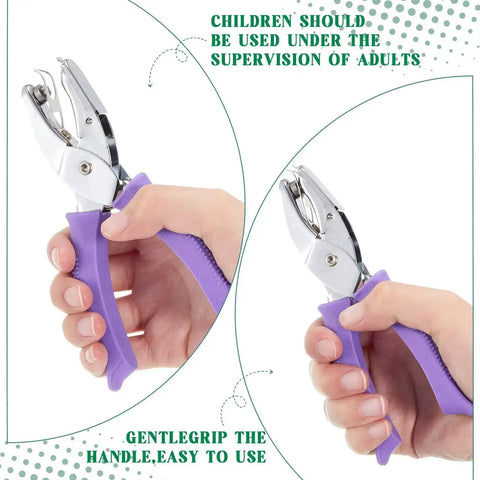 Eight Piece Hole Punch Set With Shaped Punchers for craft lovers, handheld metal paper punch with grippy purple handle in use