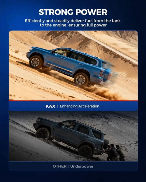 Blue SUV driving through desert sand next to black and white image of SUV stuck in sand with people pushing.