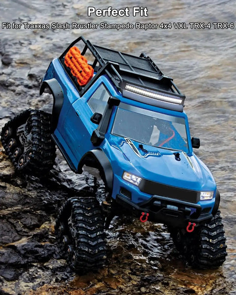 Blue RC truck fitted for Traxxas Slash Rustler Stampede Raptor 4x4 VXL TRX4 TRX6 with off-road wheels and roof accessories