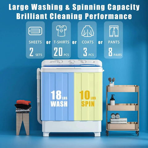 Portable Twin Tub Washing Machine With Spin Dryer Drain Pump For Dorms RVs in white with load capacity graphic