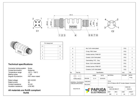 Technical diagram of M12 Male to M8 Female Sensor Adapter With 4 Pin A Coded Connector for Industrial Automation IP67