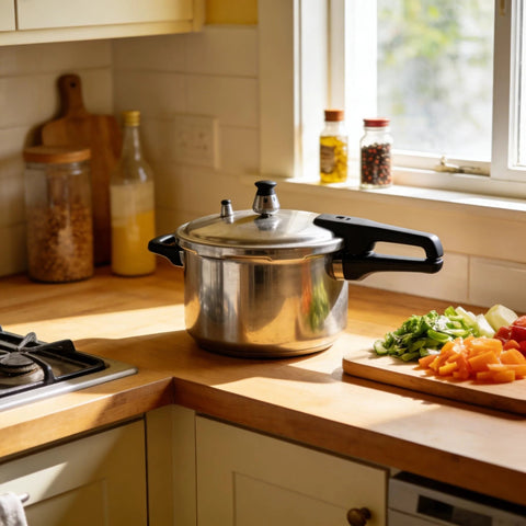 Stainless steel pot with lid and black handles on a wooden kitchen counter, with chopped vegetables on a cutting board nearby.