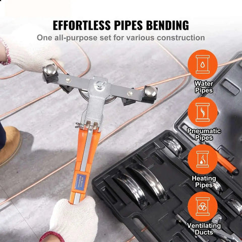 Ratcheting Pipe Bender Kit With 7 Dies And Pipe Cutter For Air Conditioning And Refrigerator Repair in use, bending copper pipe.