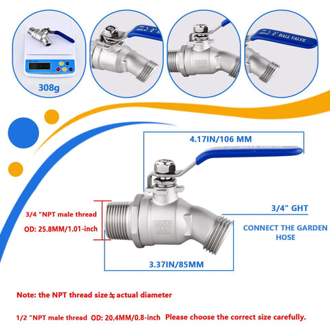 Full Flow 304 stainless hose bibb with blue lever, 3/4 inch NPT male, 3/4 inch GHT outdoor faucet.