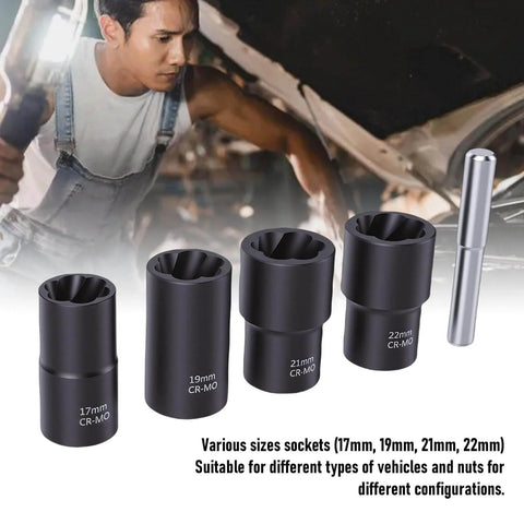 Five Piece Lug Nut Extractor Set For Stripped Bolts Chrome Molybdenum Steel Heavy Duty Nut Remover Tools With 17mm 19mm 21mm 22mm