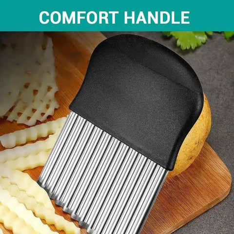 Crinkle Cutter Knife For Waffle Fries And Veggies Large Stainless Steel Potato Cutter With Plastic Handle Wavy Slicer Chopper For Onions Fruits And Vegetables Easy Handheld Kitchen Cutting Tool 1 Pack on a wooden board
