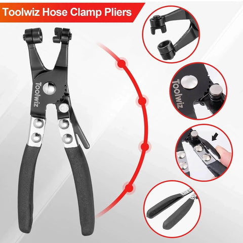 Heavy Duty Hose Clamp Pliers with Locking Device and Non Slip Handle, carbon steel, for ring type and flat band clamps.