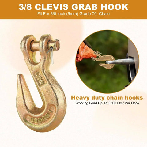Eight Piece Three Eighths Inch Clevis Grab Hooks Set G70 Heavy Duty Forged Steel Trailer Safety Chain Hooks 7500 Lbs Capacity