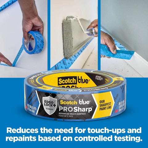 PROSharp Painter's Tape 1 in x 60 yd, blue roll, Edge-Lock+ technology, reducing touch-ups and repaints, shown in use