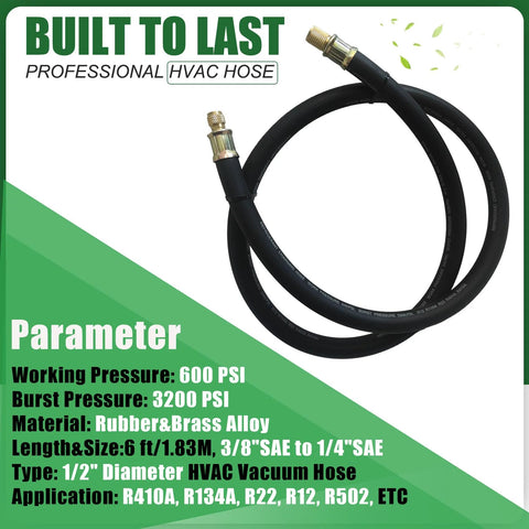 NHB1 6 ft HVAC vacuum hose, 1/2 in ID, 3/8–1/4 in brass fittings, rubber & brass alloy, two hoses