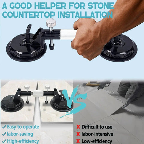 Laminate Floor Gap Repair Tool With Vacuum Suction Cups And Granite Seam Setter in use on countertop installation