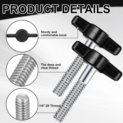 Close-up of 16 Pack Stainless Steel Thumb Screws With Adjustable Tee Wing Plastic Knobs For Quick Hand Tightening and Removal Quarter Inch Thread Twenty Threads Per Inch Black Wing Knobs