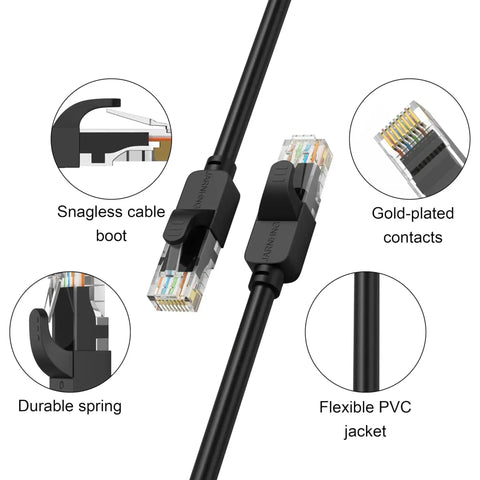 Go To High Speed Cat6 Ethernet Cable 550 MHz 10Gbps 26AWG features close-up showing RJ45 connectors and snagless boot design.