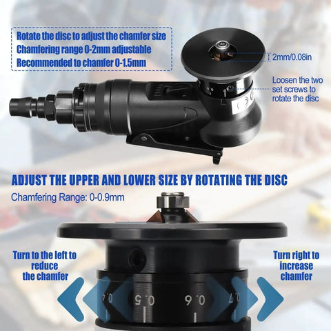 Pneumatic Chamfering Tool For Metal Deburring Mini Beveler Pro Grade Heavy Duty High Speed 30000 RPM With Adjustable Depth 0.1 To 0.9 Mm For Precise Edge Beveling Trimming Arc Corner Deburring And Linear Beveling Black with adjustment disc displayed.