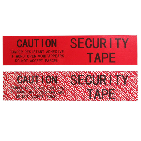 Tamper-evident security packing tape, red, 2 in x 55 yd, 2 mil, void film, two tapes shown, Amazon brand