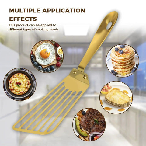 High Heat Stainless Steel Slotted Spatula For Frying And Turning With Non Slip Ergonomic Handle Works Like A Champ Heavy Duty Fish Turner In Gold Finish For Kitchen Use Snailhouse shown with various types of food.