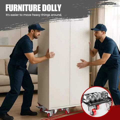 Two movers using Heavy Duty Furniture Dolly Moving System For Up To 3000Lbs with 5 Wheel Brakes and 360 Degree Rotating Dollies
