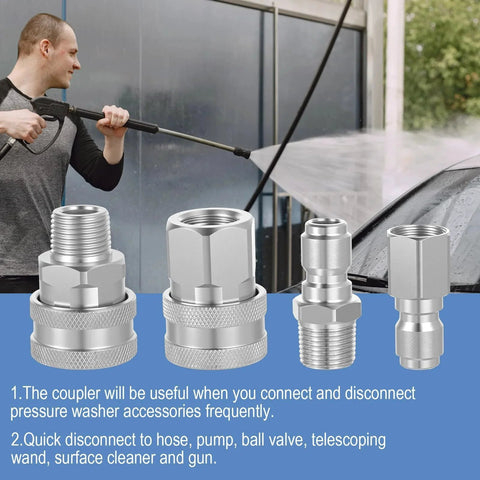 Eight Piece Pro Grade Stainless Steel Pressure Washer Quick Connect Fittings Kit Three Eighths Inch NPT Male And Female Adapters For Quick Connect Hose And Cleaning Attachments displayed with man using pressure washer.
