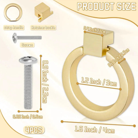 4 Pack Gold Cabinet Knobs With Screws, Brushed Gold Ring Pulls For Dresser, detailed dimensions and components shown.