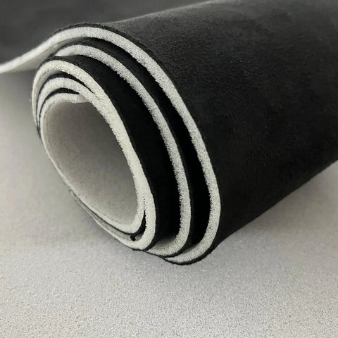 Rolled black car suede headliner fabric with foam backing, 96x60 inches, for car roof liner replacement and upholstery projects.