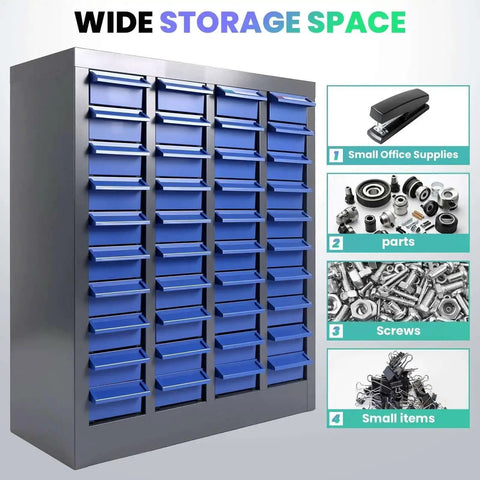 40 Drawer Parts Cabinet With 200 Dividers And 80 Label Slots For Easy Organization Of Bolts Nuts And Small Tools, visible drawers.
