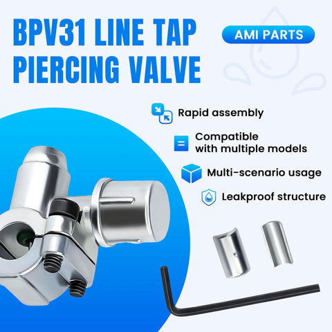 BPV31 line tap piercing valve by AMI PARTS, chrome valve with Allen key and two sleeves for 1/4–3/8 in fridge tubing