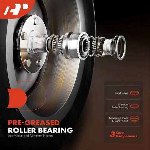 Cutaway view of pre-greased roller bearing highlighting solid cage, premium roller, and lubricated races for low noise.