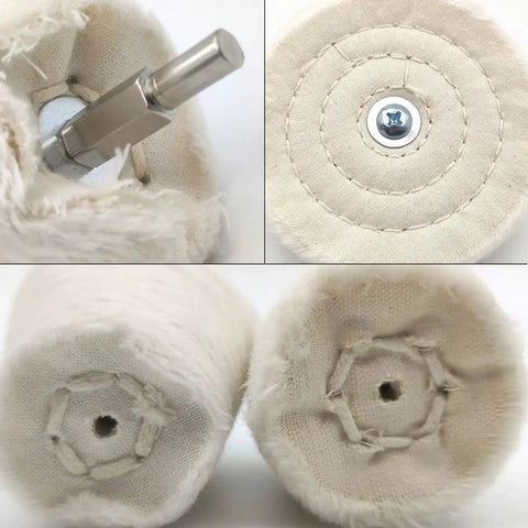 Close-up views of Six Piece Drill Buffing Wheel Kit for Polishing Metal Wood Glass Jewelry, showing soft, lint-free wheel textures.