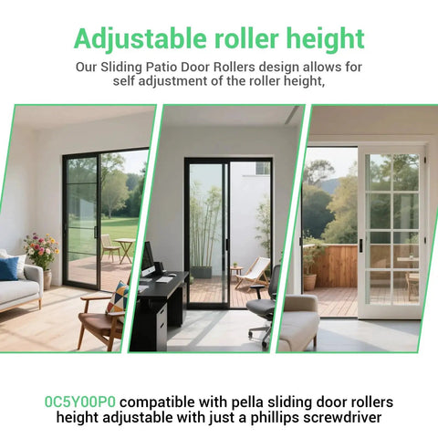 Sliding patio door view with adjustable roller height description, showing various door installations and living room settings.