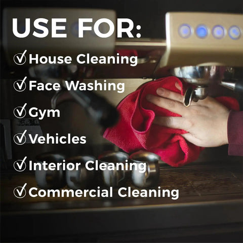Hand using red towel from All-Purpose Microfiber Cleaning Towels Pack 12, 16x16 Inches, 300gsm, Highly Absorbent, for cleaning machine