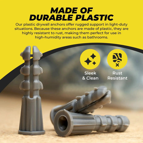 Ribbed Plastic Drywall Anchors For Secure Wall Fastening In Drywall Projects Bulk Pack Of Expandable Split Body Anchors For Drywall Size Six To Eight By Seven Eighths Inch Easy To Install With No Spinning, shown on a wooden surface
