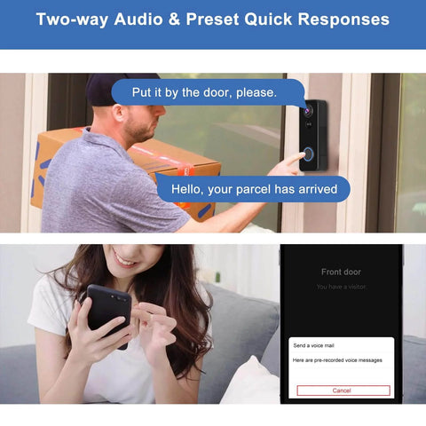 Wireless Doorbell Camera With 180 Degree Full Body View No Subscription Required 2K HD Live View Two Way Talk Battery Powered Video Doorbell With Chime Motion Alerts Works With Alexa And Google Assistant 2 4G WiFi in use by delivery person and recipient.