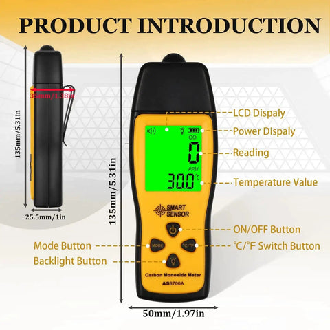 Portable Carbon Monoxide Detector With Temperature Sensor And LCD Backlit Screen, handheld with buttons and display visible
