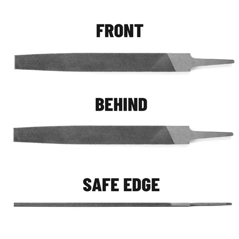Front, behind, and safe edge views of 6 Inch Flat Hand File With Double Cut Teeth For Metal And Wood Shaping Deburring And Smoothing Edges