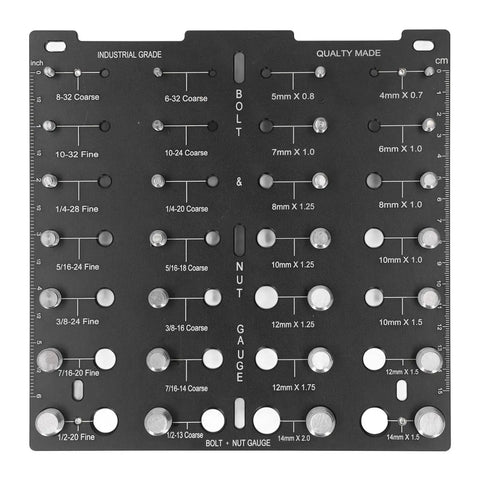 Aluminum Alloy Thread Checker Bolt Nut Identifier Board With 28 Holes For Metric And SAE Threads, top view showing holes and measurements.