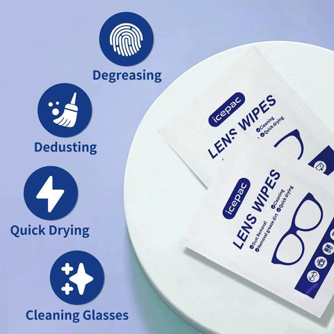 Lens Wipes for Eyeglasses Pre-Moistened 500 Count Streak-Free Cleaner with icons showing degreasing, dedusting, and quick drying features.