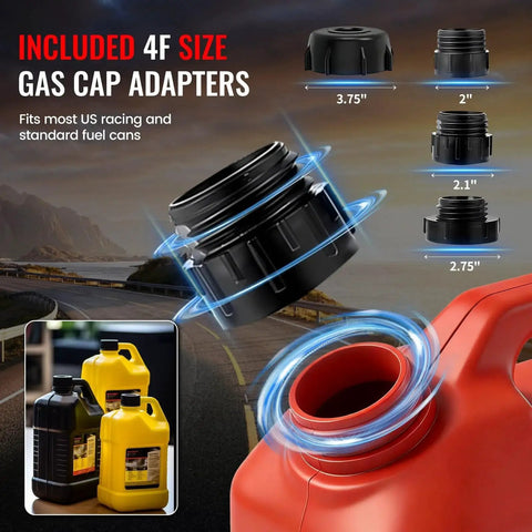 Assorted gas cap adapters for Battery Powered Fuel Transfer Pump 3.8 GPM Auto Stop 51 Inch Hose For Gasoline with fuel cans