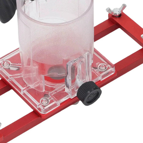 Wood Trimmer Router Base For 65mm Machine, 2 In 1 Aluminum Alloy Slotting Bracket with clear plastic holder close-up