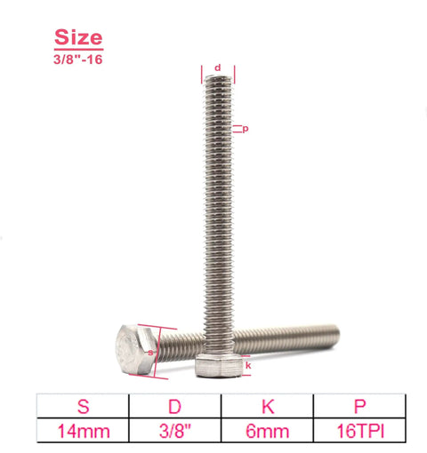 Two Beefy 304 Stainless Steel 3/8-16 Hex Bolts, 1 Inch Full Thread, showing size dimensions, suitable for construction and automotive projects.