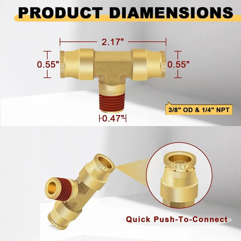 Brass push-to-connect tee for 3/8" OD air line to 1/4" NPT, DOT marked, 3-pack