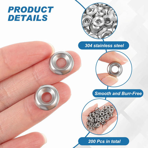 Washers Yaocom #8 countersunk finishing, 304 stainless steel, silver, 200 pcs total