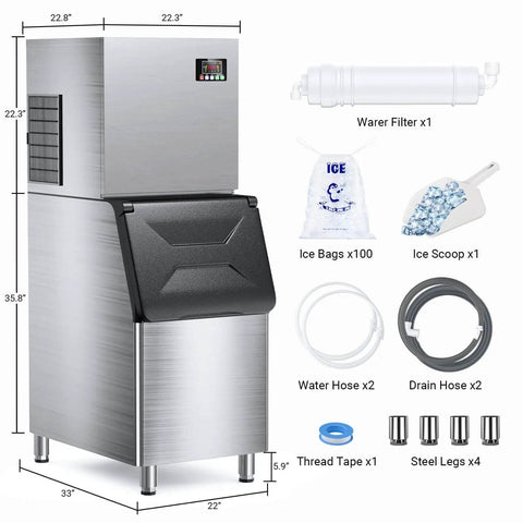600 Lbs Per Day Commercial Ice Maker With 420 Lbs Capacity Quick Five To Fifteen Minute Ice, includes accessories shown