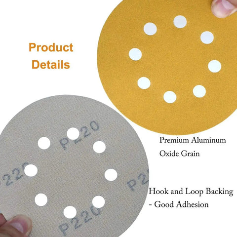 Two 5-Inch 220 Grit Hook and Loop Sanding Discs with 8-Hole design, showing premium aluminum oxide grain and Velcro backing.