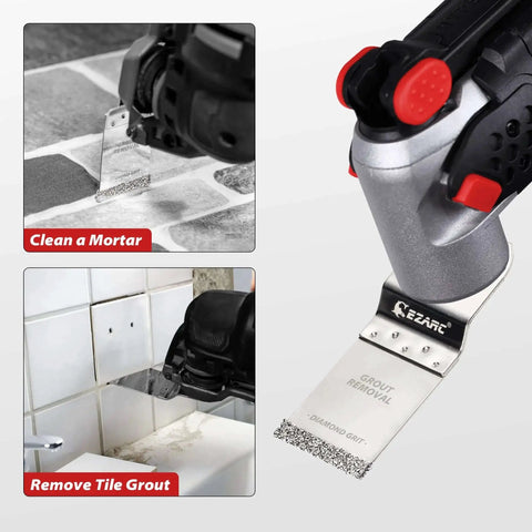 Diamond Grit Flush Cutting Oscillating Blade Set For Grout Removal And Mortar Cleanup Provides Precise Clean Cuts And Long Lasting Life EZARC 3 Pack Great For Tough Grout Jobs shown in use on tile grout and mortar.