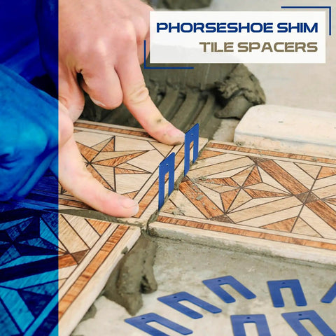 Hands using 200 Pcs Horseshoe Tile Spacers U Shaped One Sixteenth Inch For Tile Leveling System Blue Levelers For Floor Wall Installation Window And Door Stack Leveling And Easy Setup