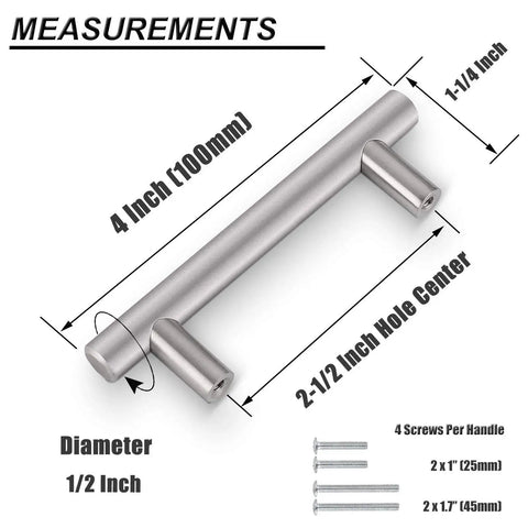 Solid Brushed Nickel Stainless Steel Kitchen Cabinet Handles 2-1/2 Inch Center To Center 64mm 4 Inch T Bar Pulls measurements diagram