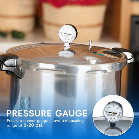Pressure cooker gauge on stainless steel lid; for Presto canners, reads 0–20 psi.