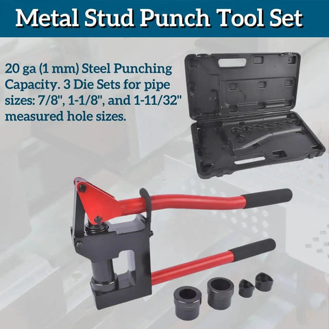 Lever-Action Sheet Metal Punch Kit For 20 Gauge Steel With Conduit Hole Cutter Set Includes 7/8 Inch 1-1/8 Inch And 1-11/32 Inch Knockout Drivers For Precise Holes And Clean Cuts.