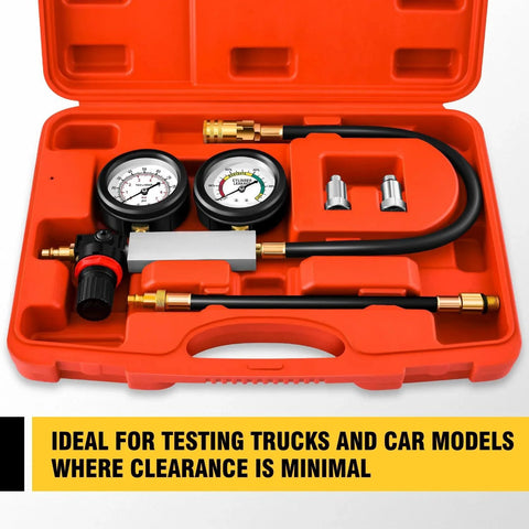 TU 21 Cylinder Leak Tester Kit With Double Gauge System in orange case, ideal for petrol engines with 10 12 14mm spark plugs